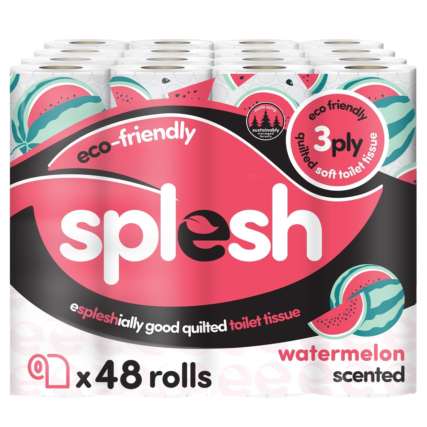 Splesh Quilted Toilet Roll Luxury Watermelon 3-Ply Soft Toilet Paper, 48 Rolls